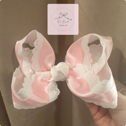 Blush pink satin hair bow with white lace trim, The Britt Bow Co., Petite Lace