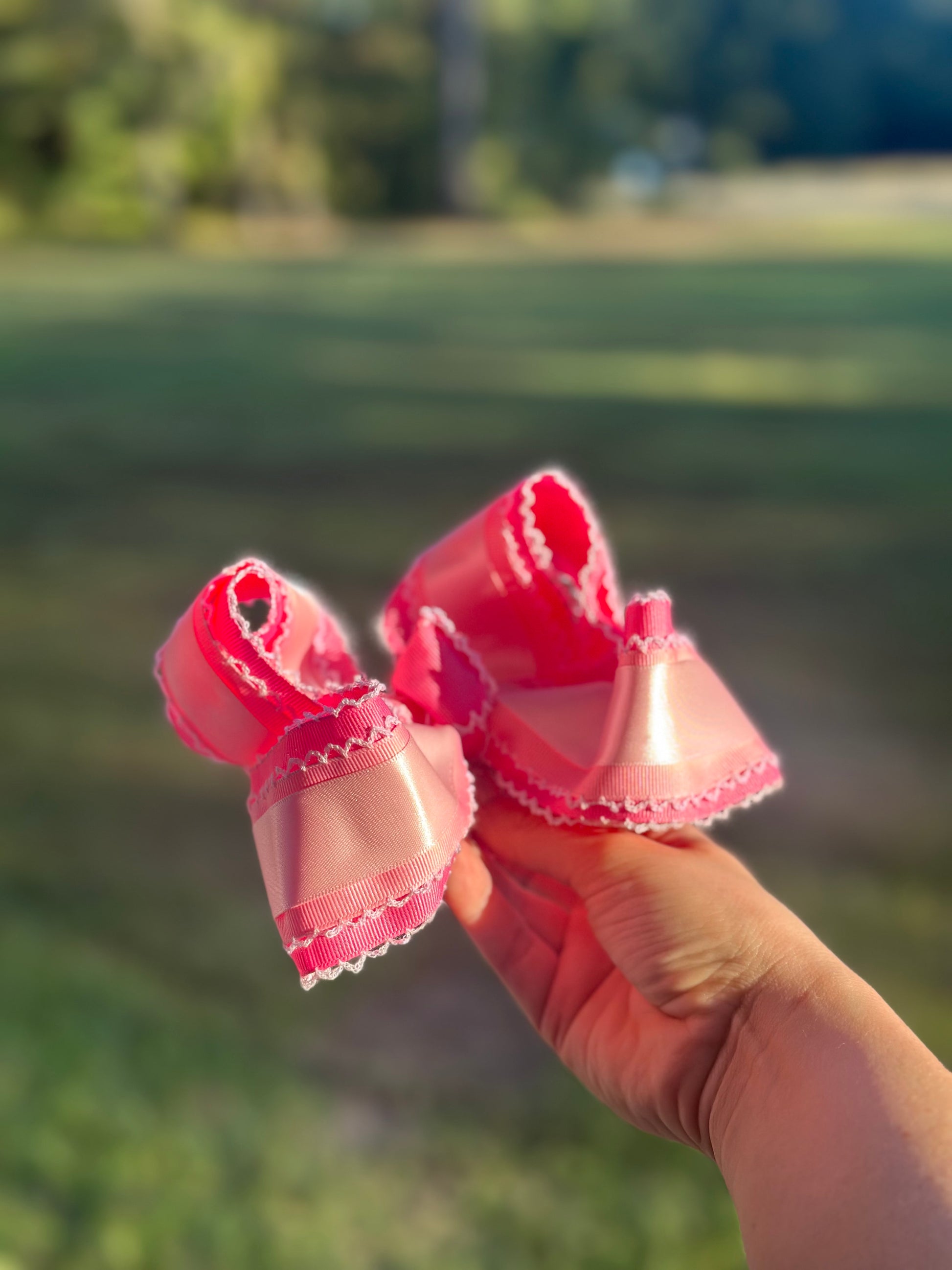 Hand-tied pink satin and grosgrain hair bow with scalloped trim — Breast Cancer Awareness limited edition by The Britt Bow Co.
