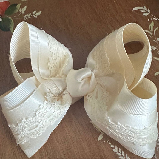 Creme satin lace grosgrain bow by The Britt Bow Co. 